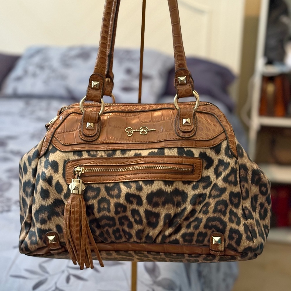 Jessica Simpson Leopard Print Shoulder Bag with Brown Trim